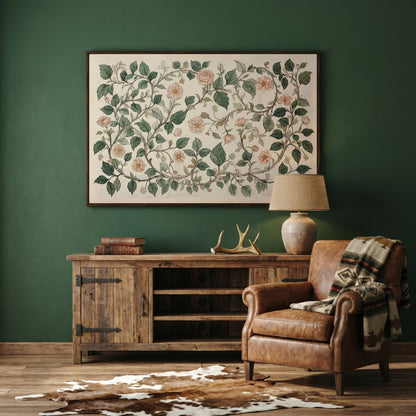 Antique Floral Elegance Canvas. Roses & Vines in Sage & Peach in dark walnut floating frame