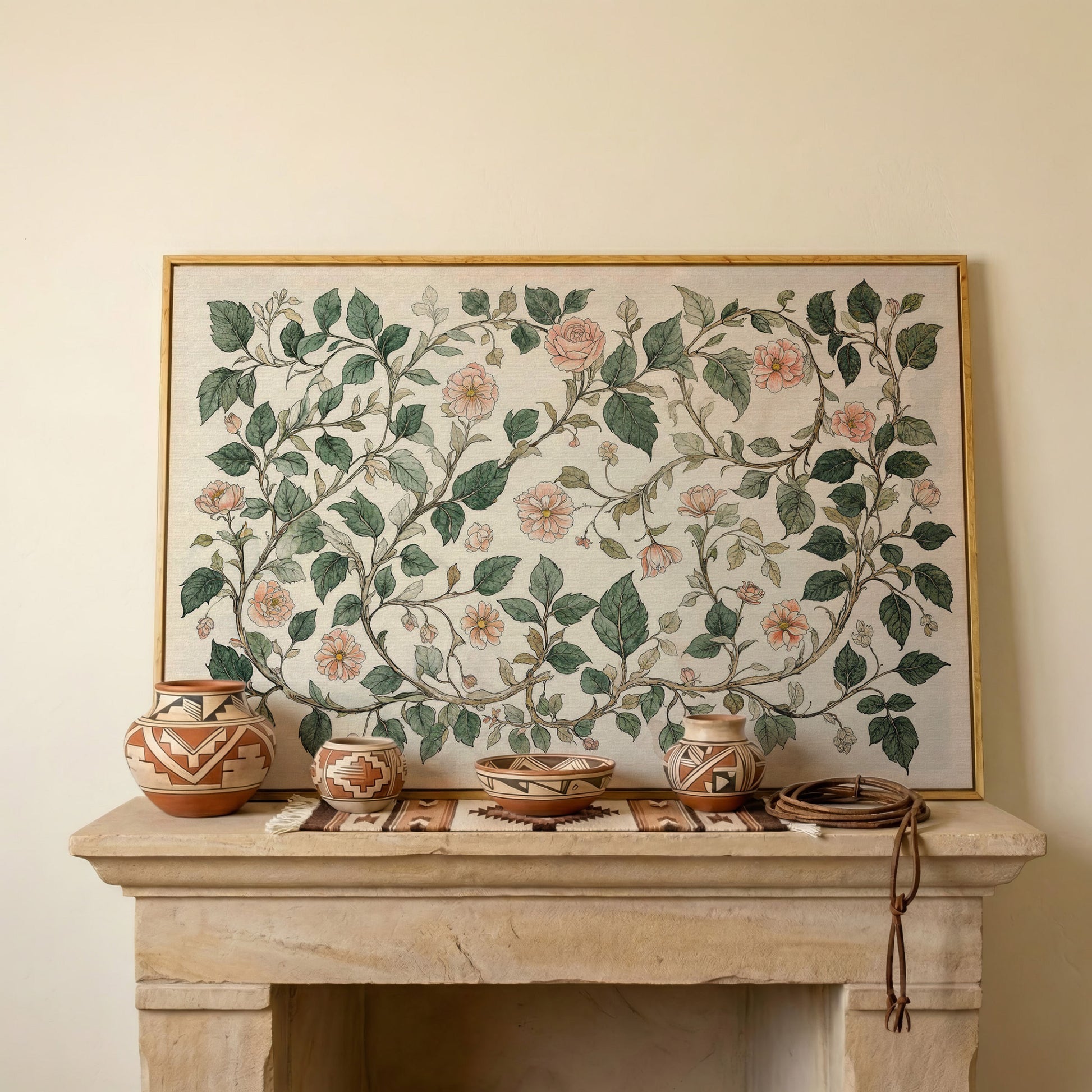 Antique Floral Elegance Canvas. Roses & Vines in Sage & Peach in white oak floating frame