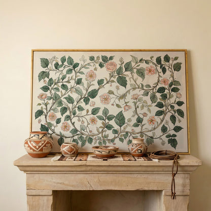 Antique Floral Elegance Canvas. Roses & Vines in Sage & Peach in white oak floating frame