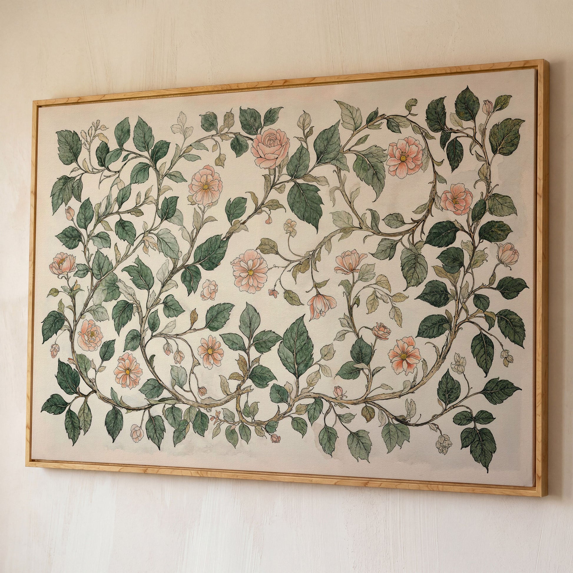 Antique Floral Elegance Canvas. Roses & Vines in Sage & Peach shown in white oak floating frame