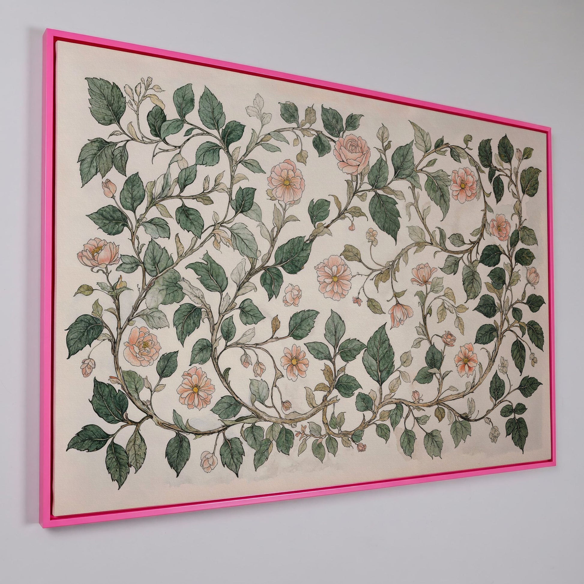 Antique Floral Elegance Canvas. Roses & Vines in Sage & Peach in pink floating frame