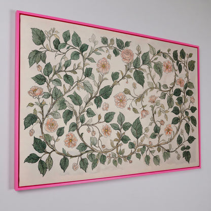 Antique Floral Elegance Canvas. Roses & Vines in Sage & Peach in pink floating frame