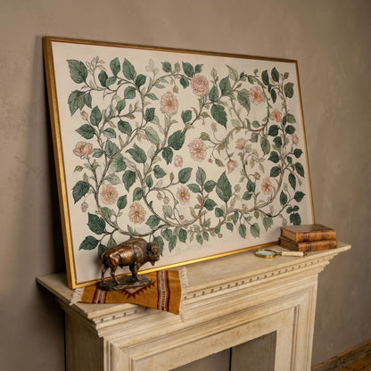 Antique Floral Elegance Canvas. Roses & Vines in Sage & Peach in rose gold floating frame