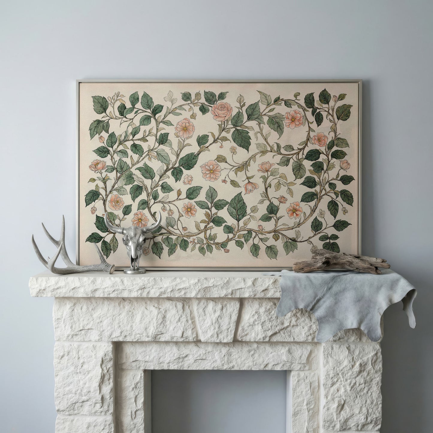 Antique Floral Elegance Canvas. Roses & Vines in Sage & Peach in silver floating frame
