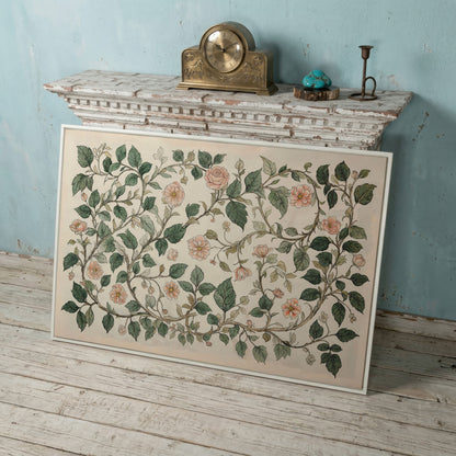 Antique Floral Elegance Canvas. Roses & Vines in Sage & Peach in white floating frame