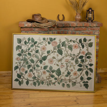 Antique Floral Elegance Canvas. Roses & Vines in Sage & Peach in yellow gold floating frame