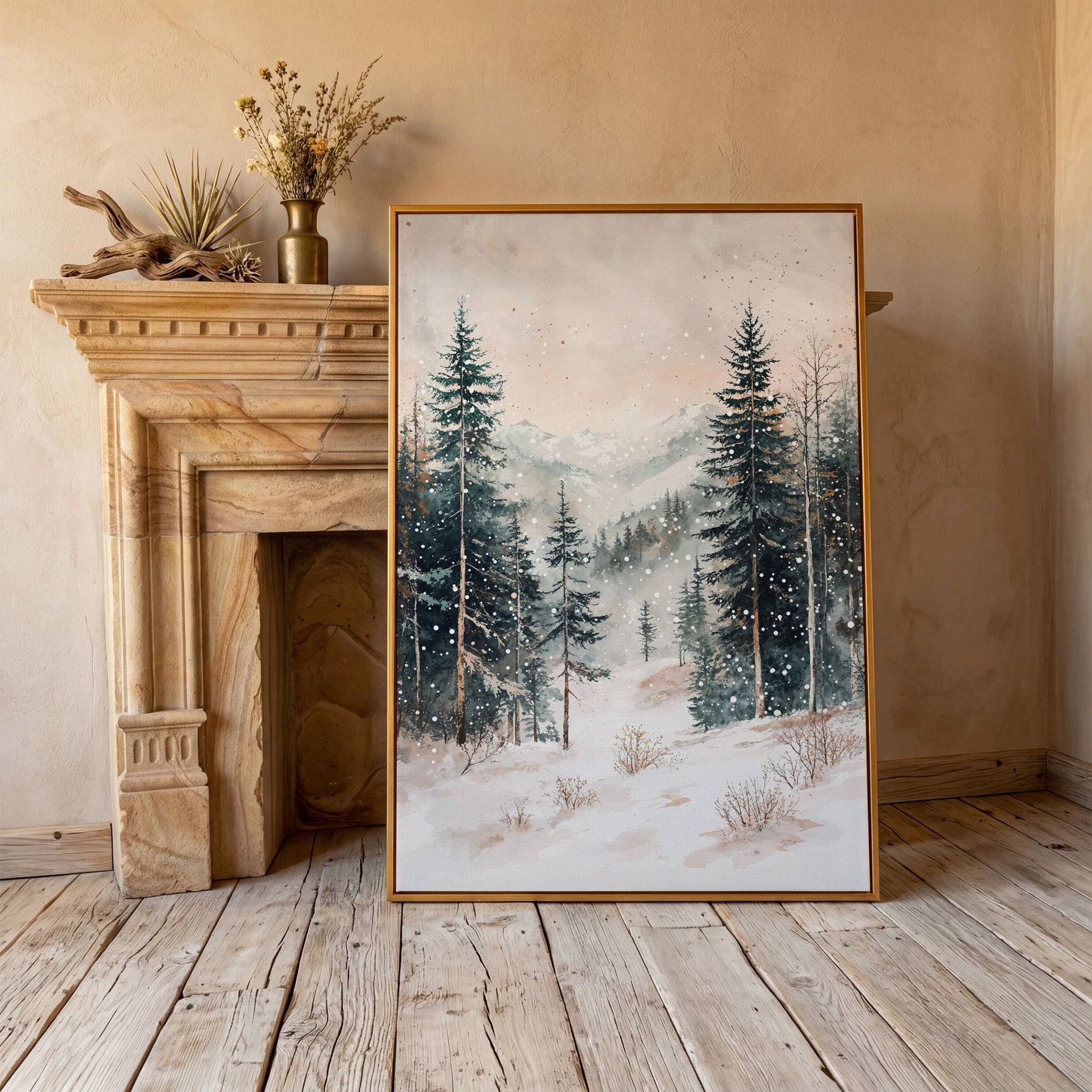 Winter Forest in Snow | Woodland Landscape Canvas in antique gold floating frame