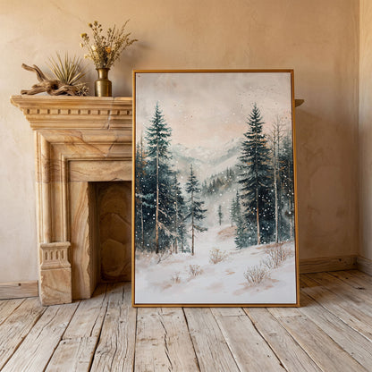 Winter Forest in Snow | Woodland Landscape Canvas in antique gold floating frame