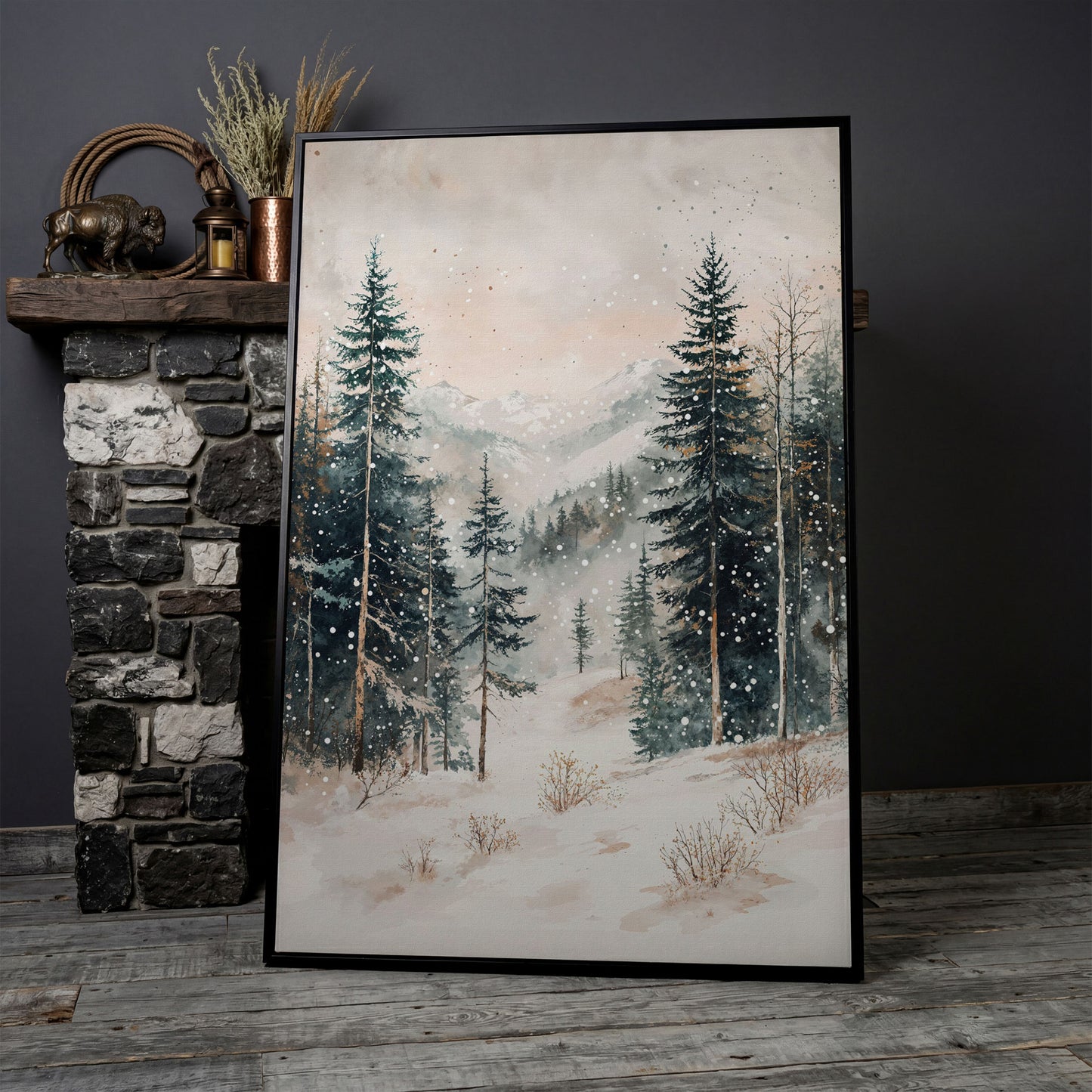 Winter Forest in Snow | Woodland Landscape Canvas in black floating frame