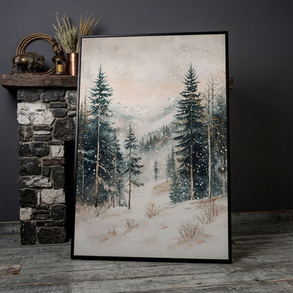 Winter Forest in Snow | Woodland Landscape Canvas in black floating frame