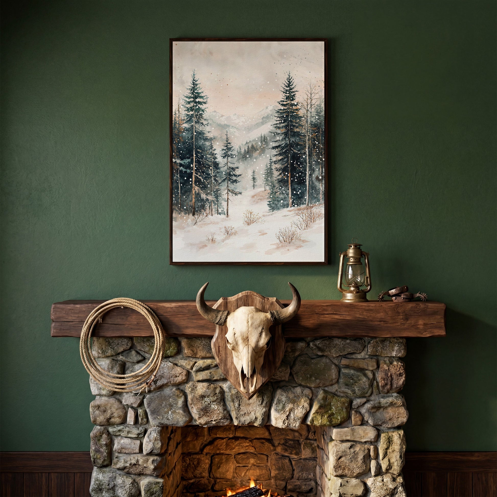 Winter Forest in Snow | Woodland Landscape Canvas in dark walnut floating frame