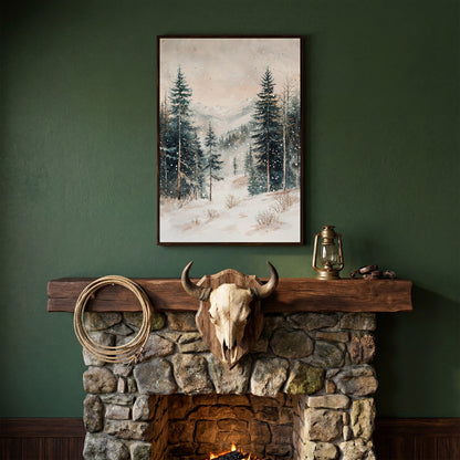 Winter Forest in Snow | Woodland Landscape Canvas in dark walnut floating frame