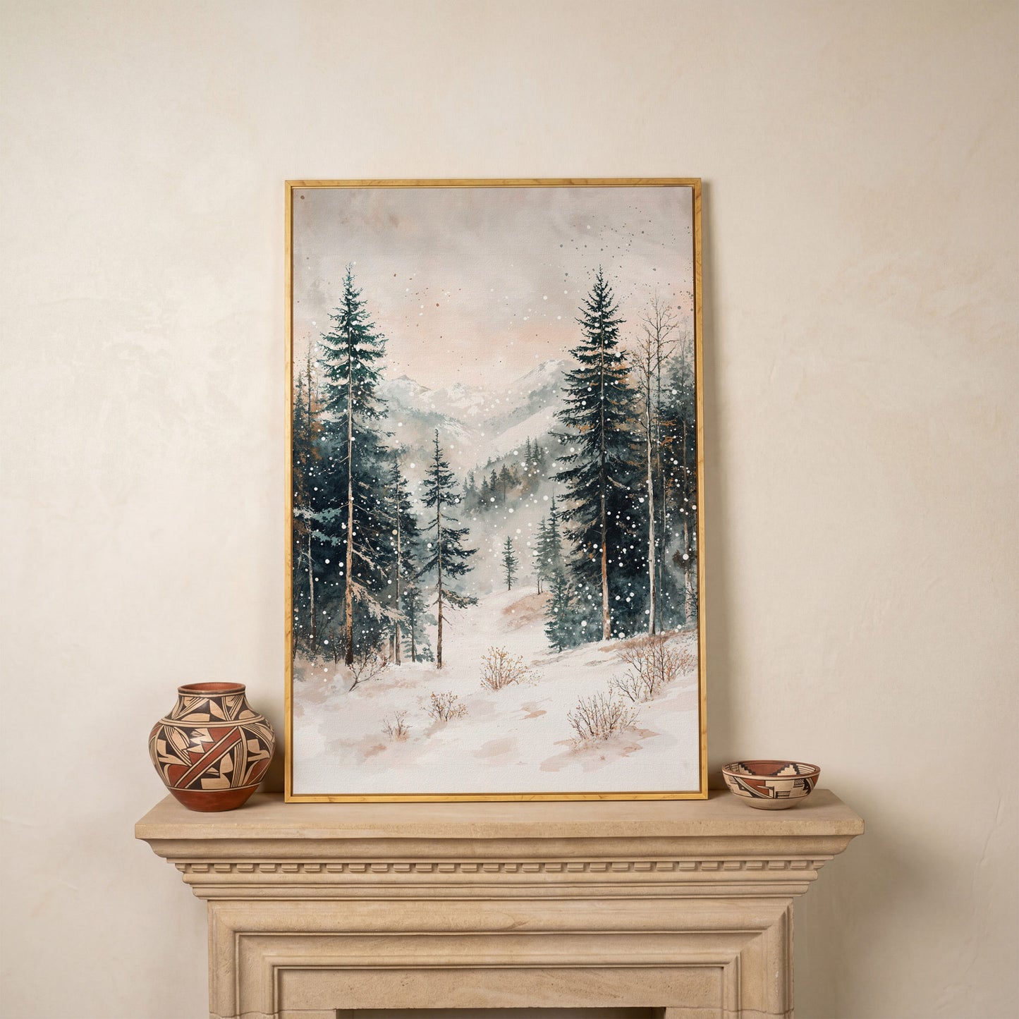 Winter Forest in Snow | Woodland Landscape Canvas in white oak floating frame