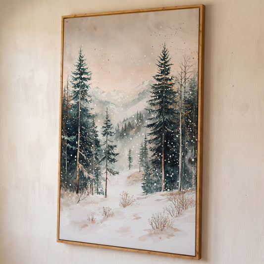 Winter Forest in Snow | Woodland Landscape Canvas shown in white oak floating frame