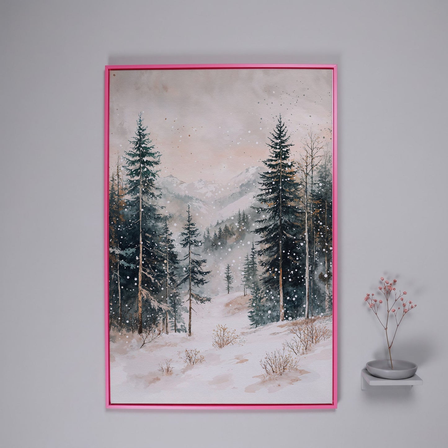 Winter Forest in Snow | Woodland Landscape Canvas in pink floating frame