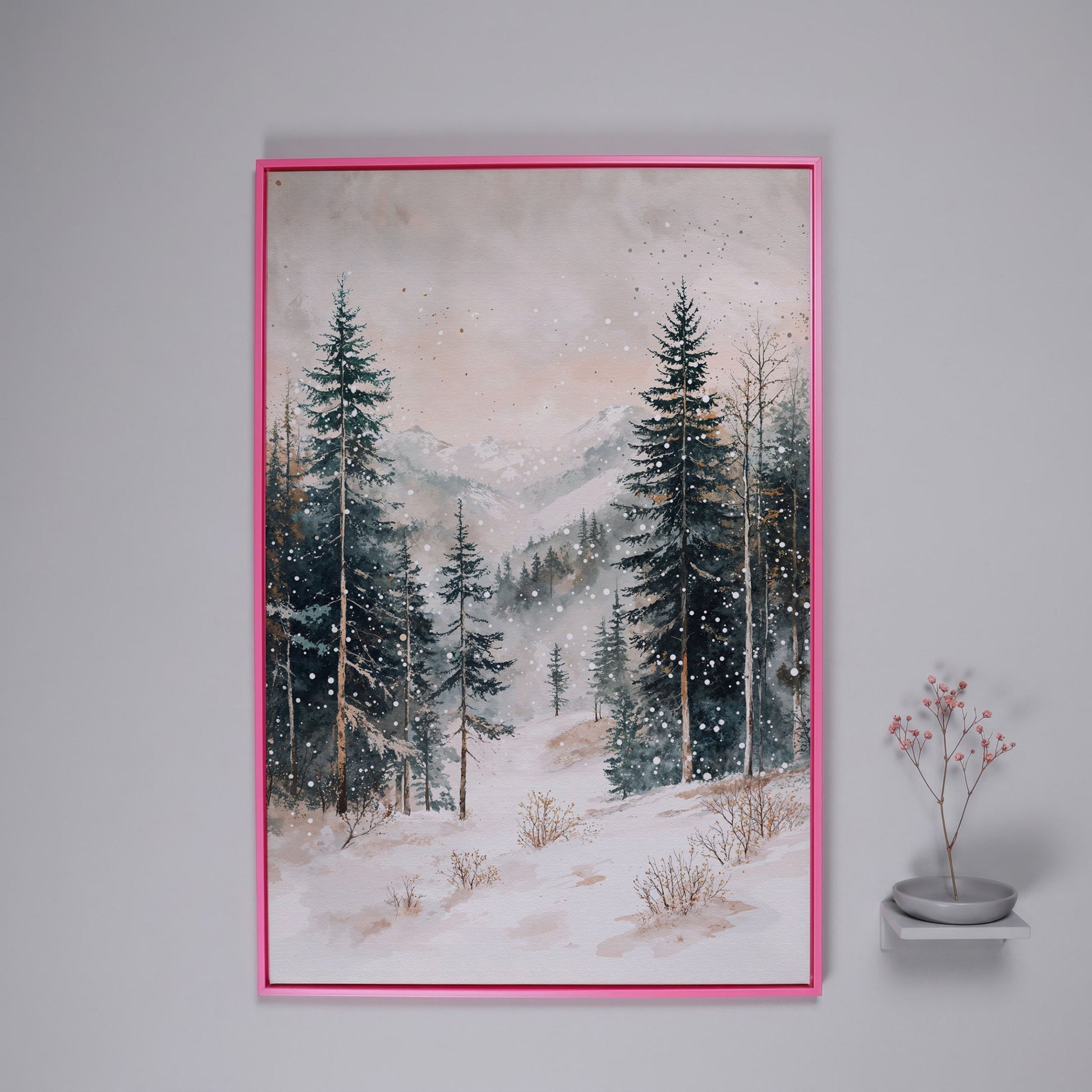 Winter Forest in Snow | Woodland Landscape Canvas in pink floating frame