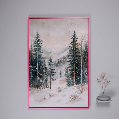 Winter Forest in Snow | Woodland Landscape Canvas in pink floating frame