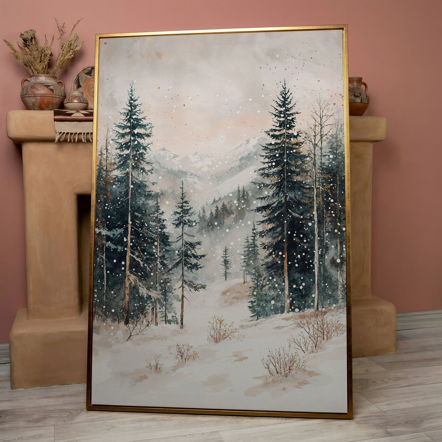 Winter Forest in Snow | Woodland Landscape Canvas in rose gold floating frame