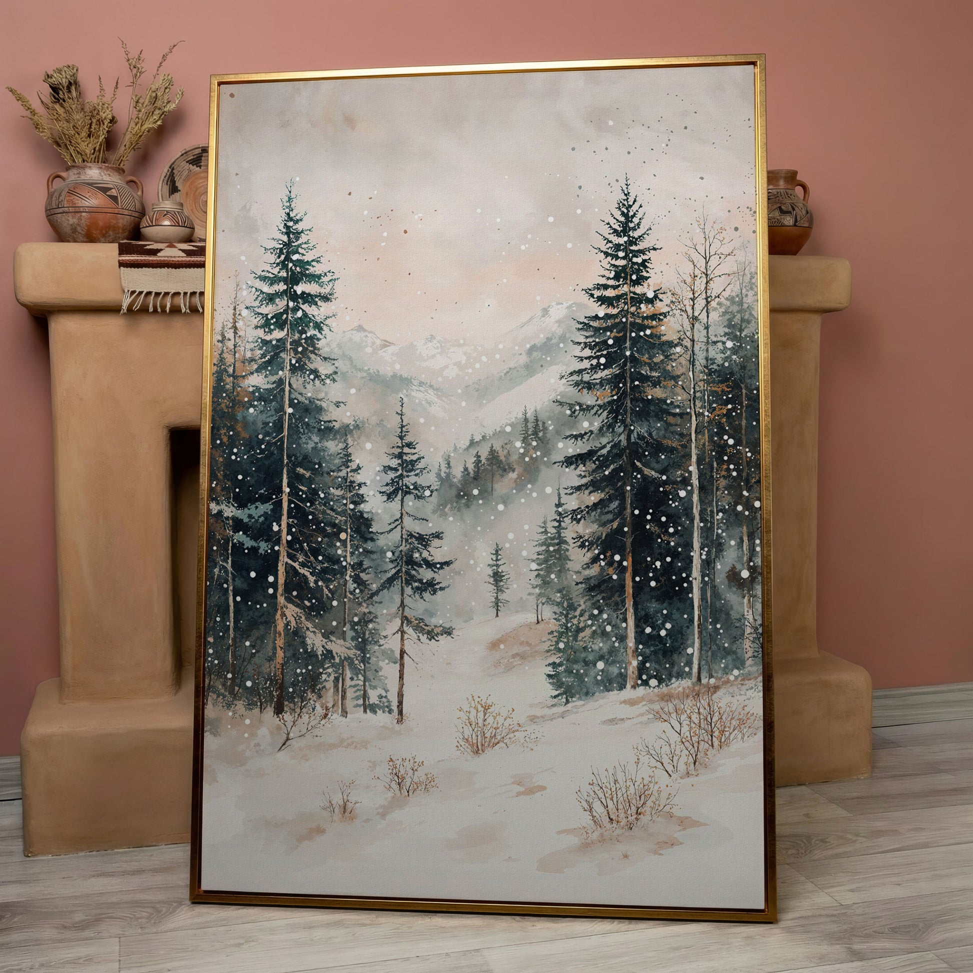 Winter Forest in Snow | Woodland Landscape Canvas in rose gold floating frame