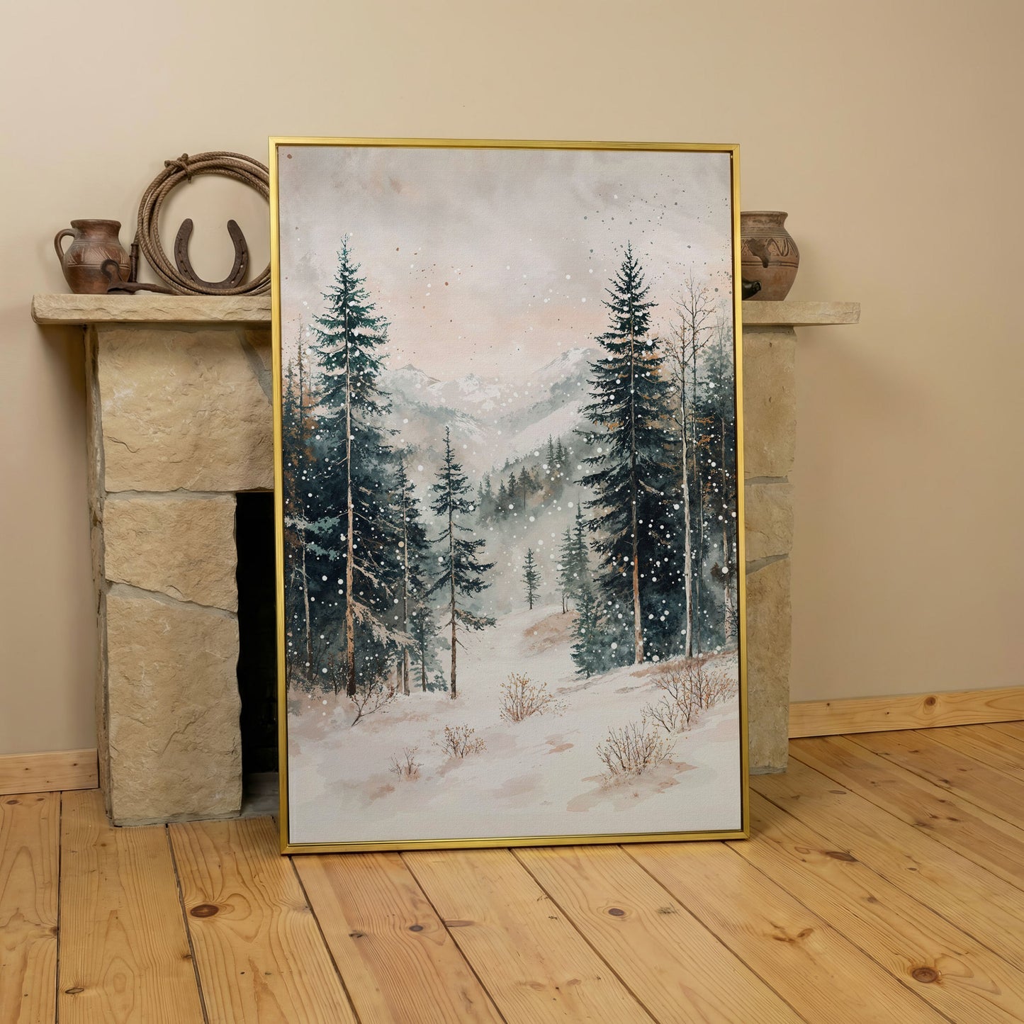 Winter Forest in Snow | Woodland Landscape Canvas in yellow gold floating frame