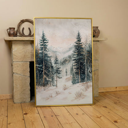 Winter Forest in Snow | Woodland Landscape Canvas in yellow gold floating frame