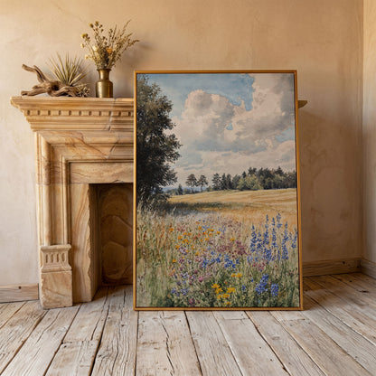 Wildflower Summer Meadow Canvas Print in antique gold floating frame