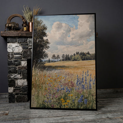 Wildflower Summer Meadow Canvas Print in black floating frame