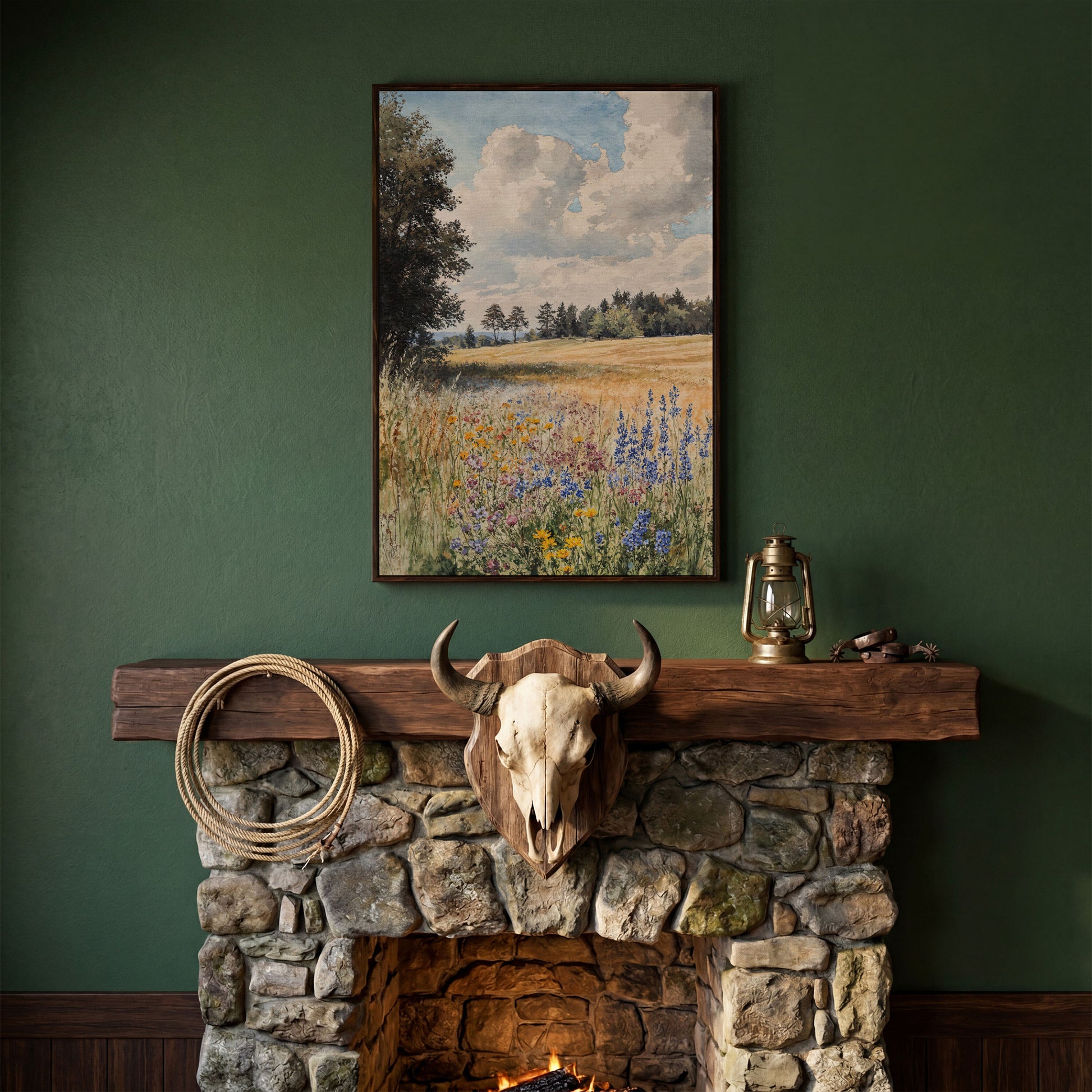 Wildflower Summer Meadow Canvas Print in dark walnut floating frame