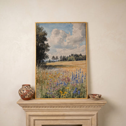 Wildflower Summer Meadow Canvas Print in white oak floating frame