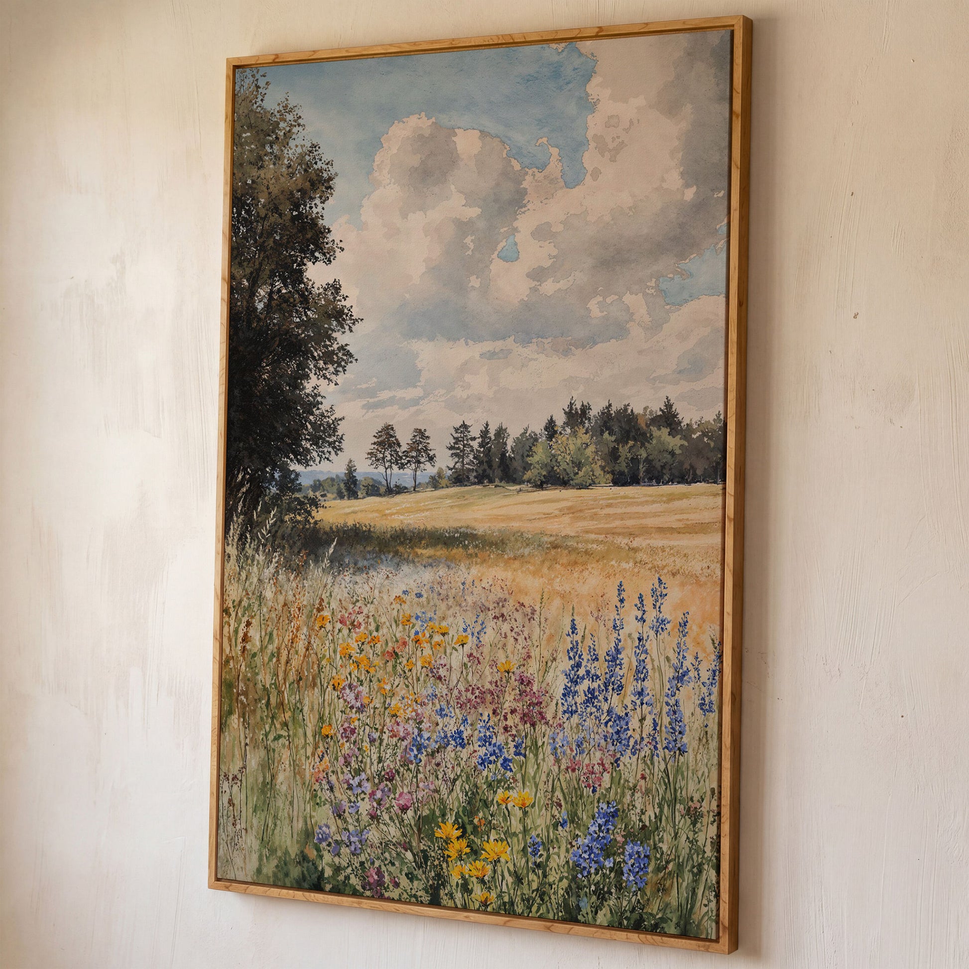 Wildflower Summer Meadow Canvas Print shown in white oak floating frame