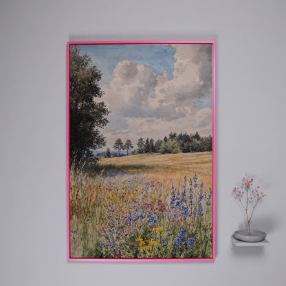 Wildflower Summer Meadow Canvas Print in pink floating frame
