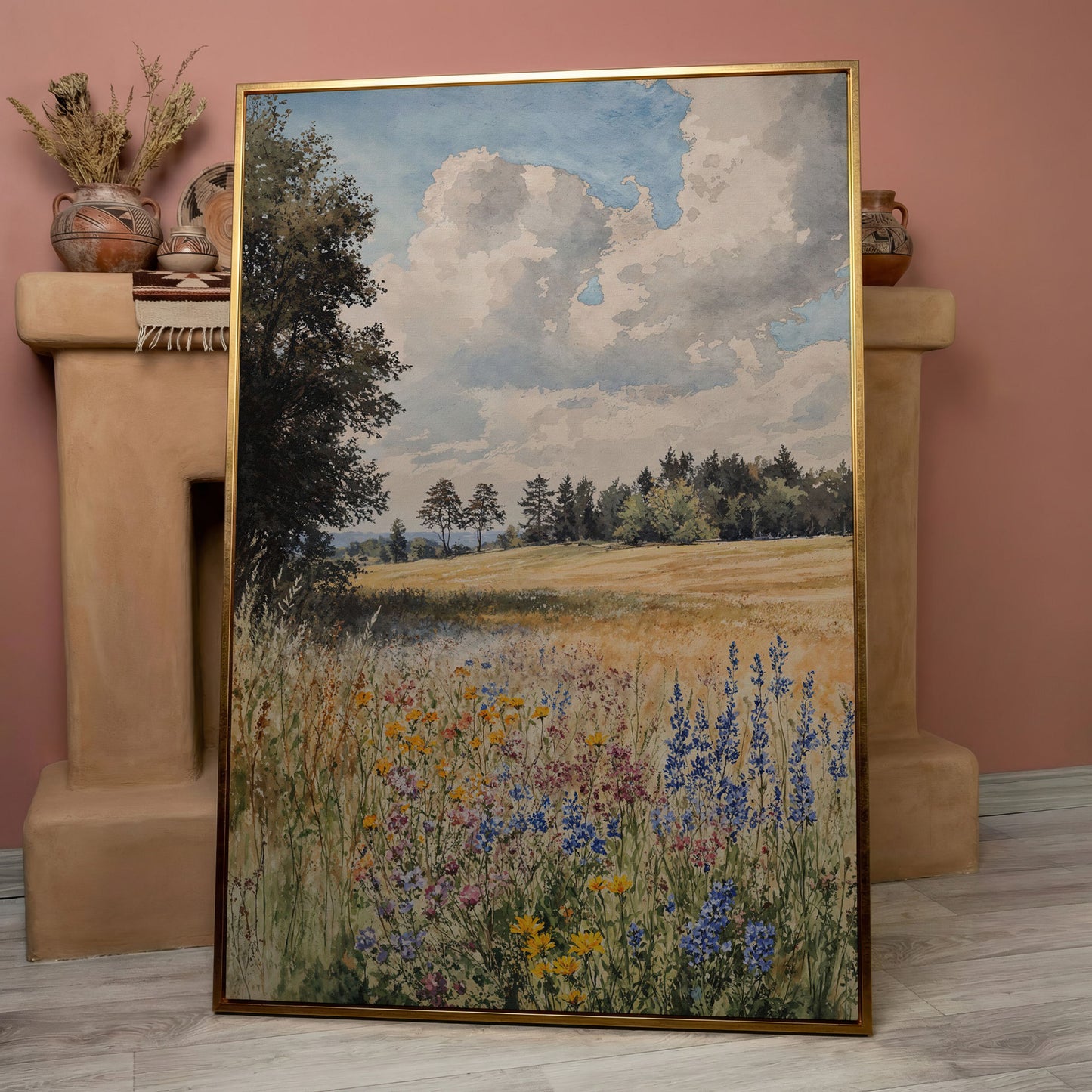 Wildflower Summer Meadow Canvas Print in rose gold floating frame