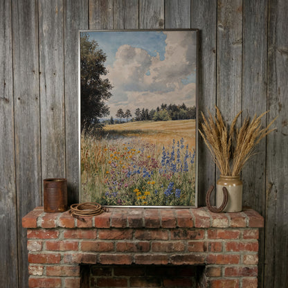 Wildflower Summer Meadow Canvas Print in silver floating frame