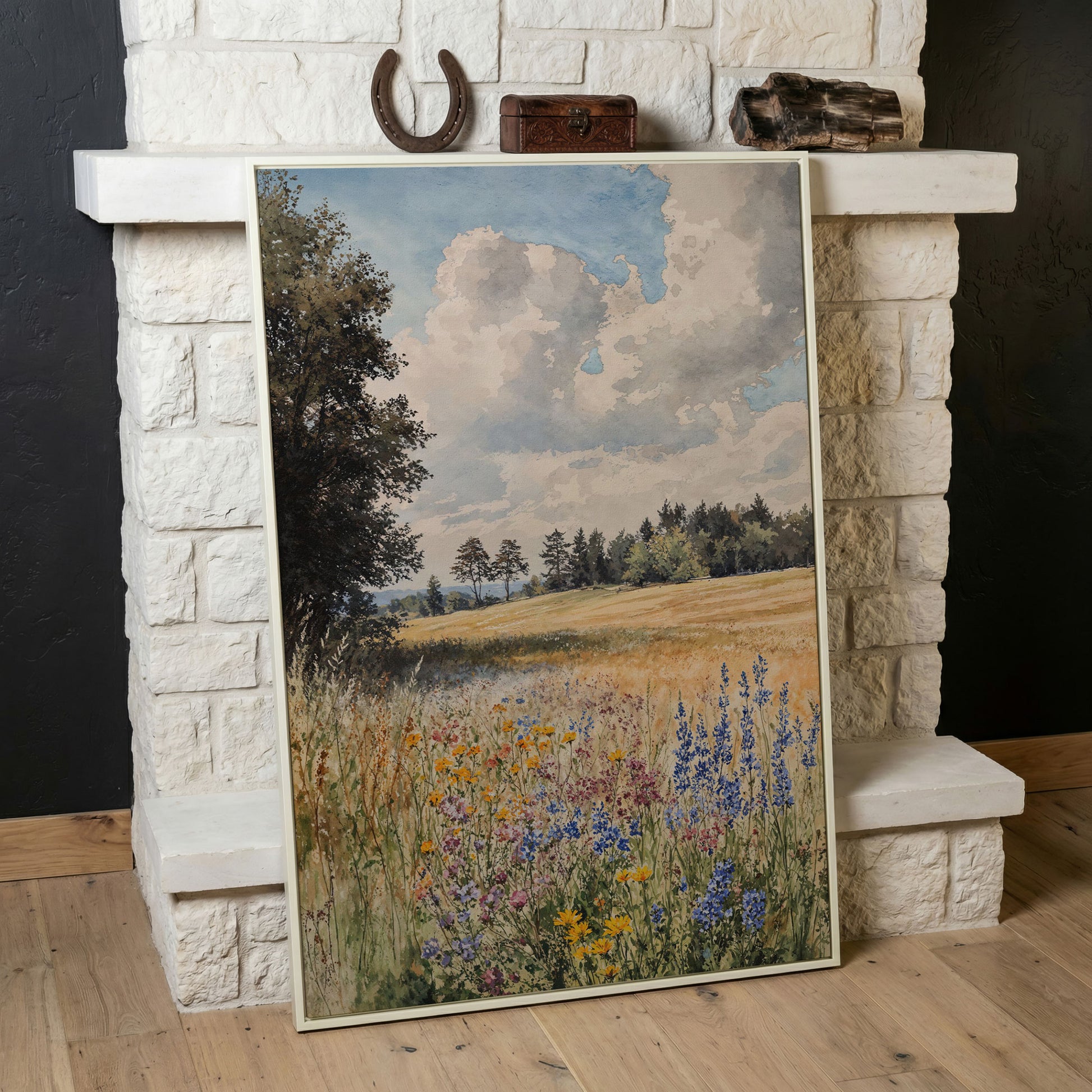 Wildflower Summer Meadow Canvas Print in white floating frame