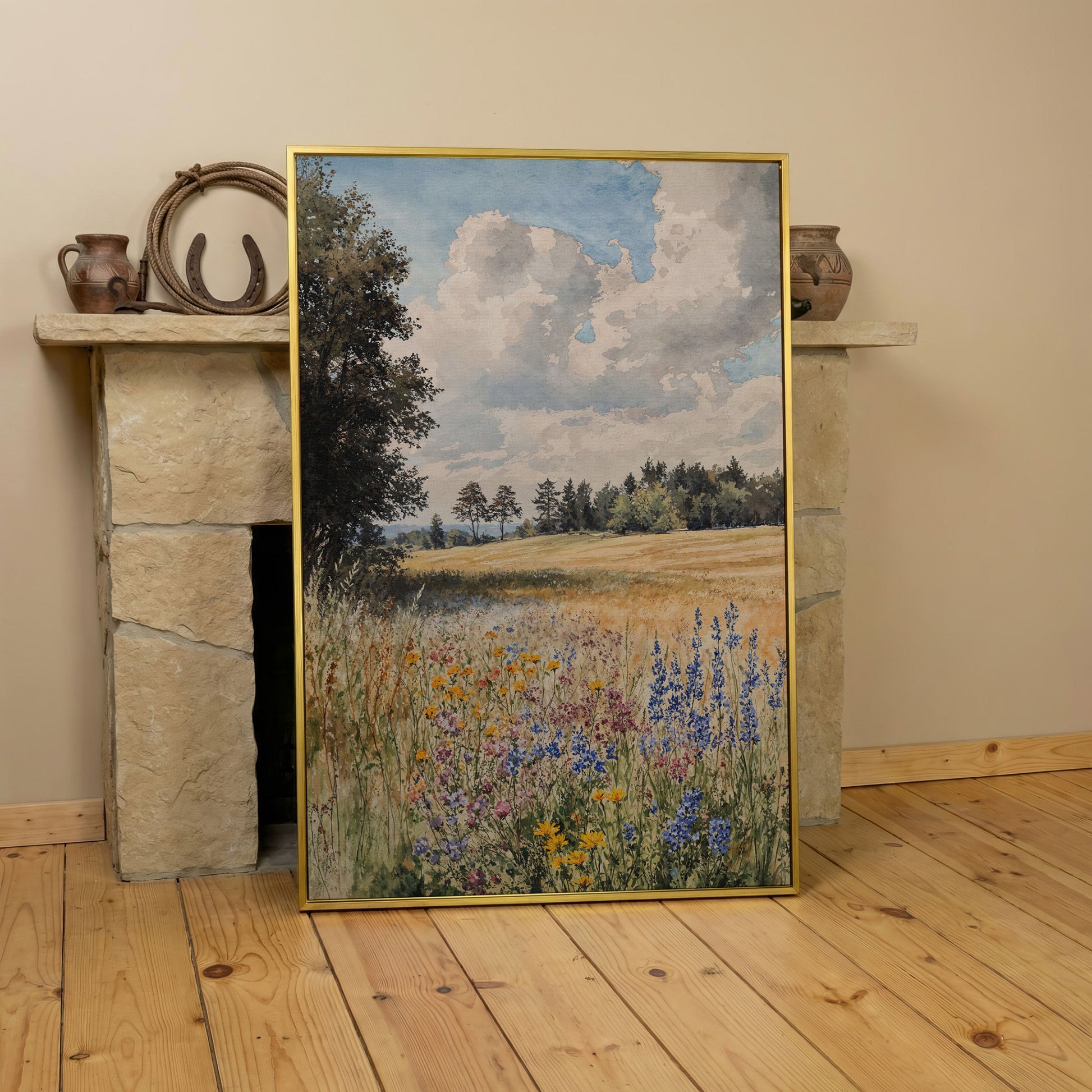 Wildflower Summer Meadow Canvas Print in yellow gold floating frame