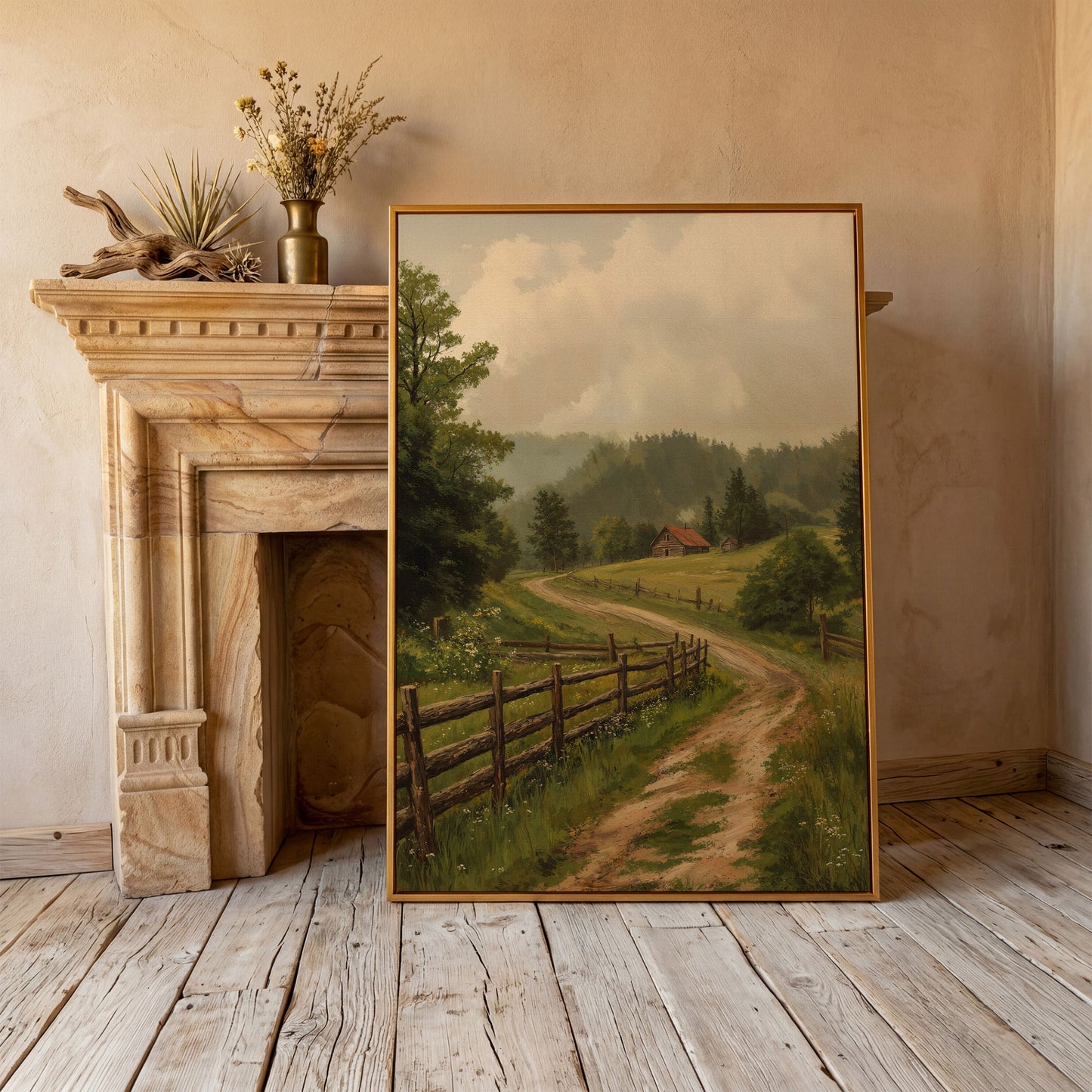 Rustic Country Path Canvas Print in antique gold floating frame
