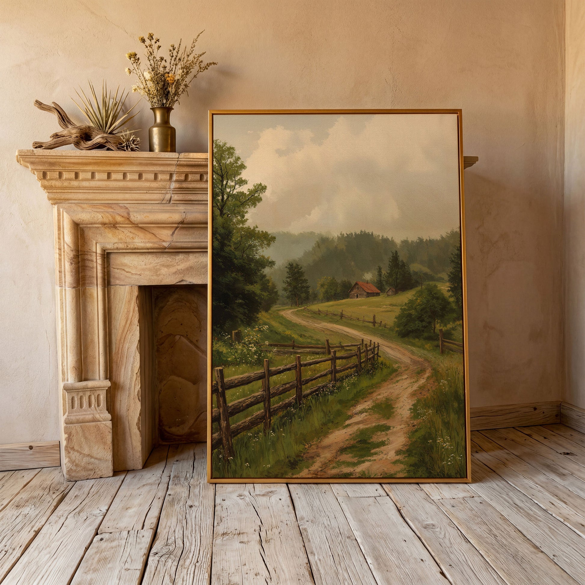 Rustic Country Path Canvas Print in antique gold floating frame