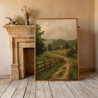 Rustic Country Path Canvas Print in antique gold floating frame