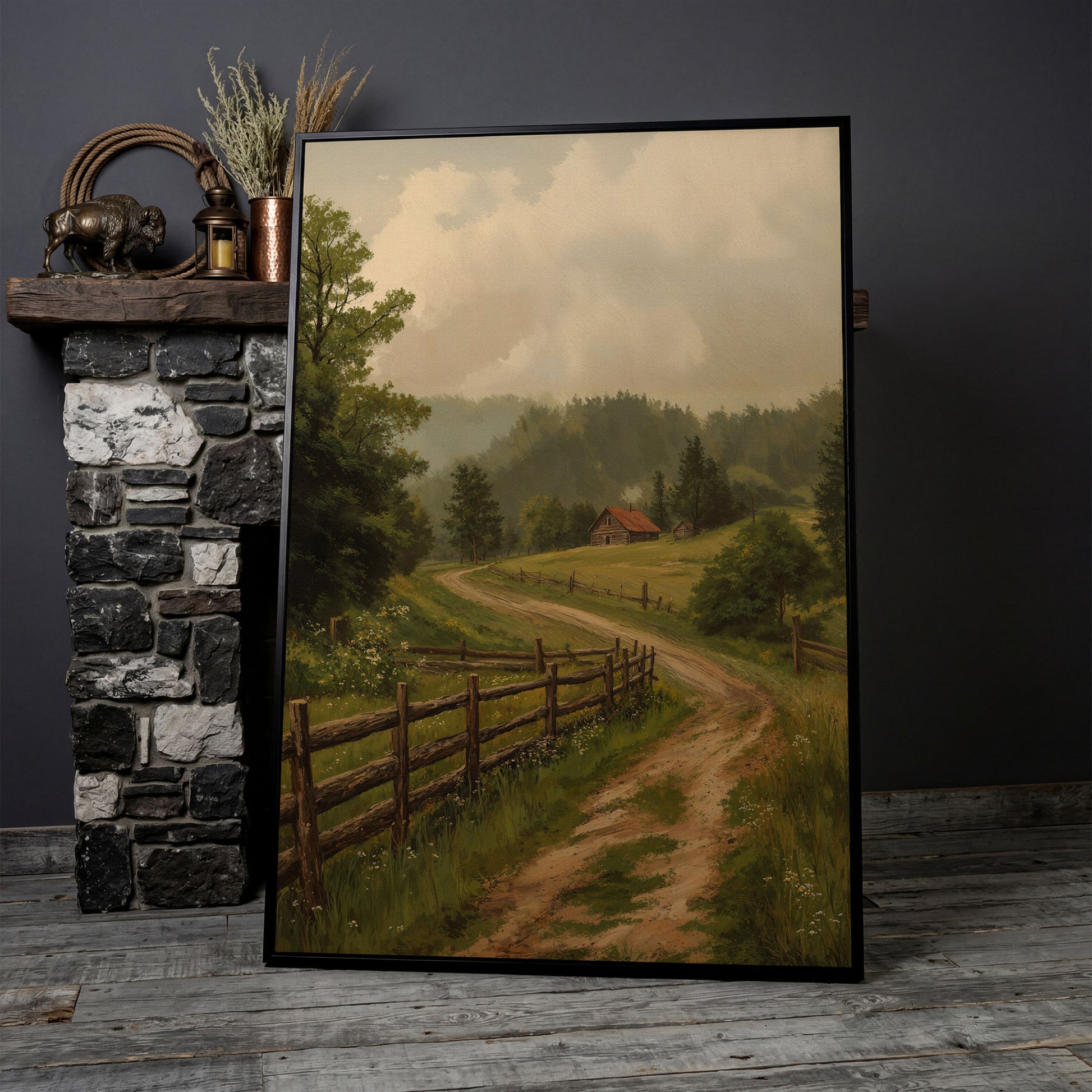 Rustic Country Path Canvas Print in black floating frame