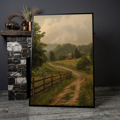 Rustic Country Path Canvas Print in black floating frame