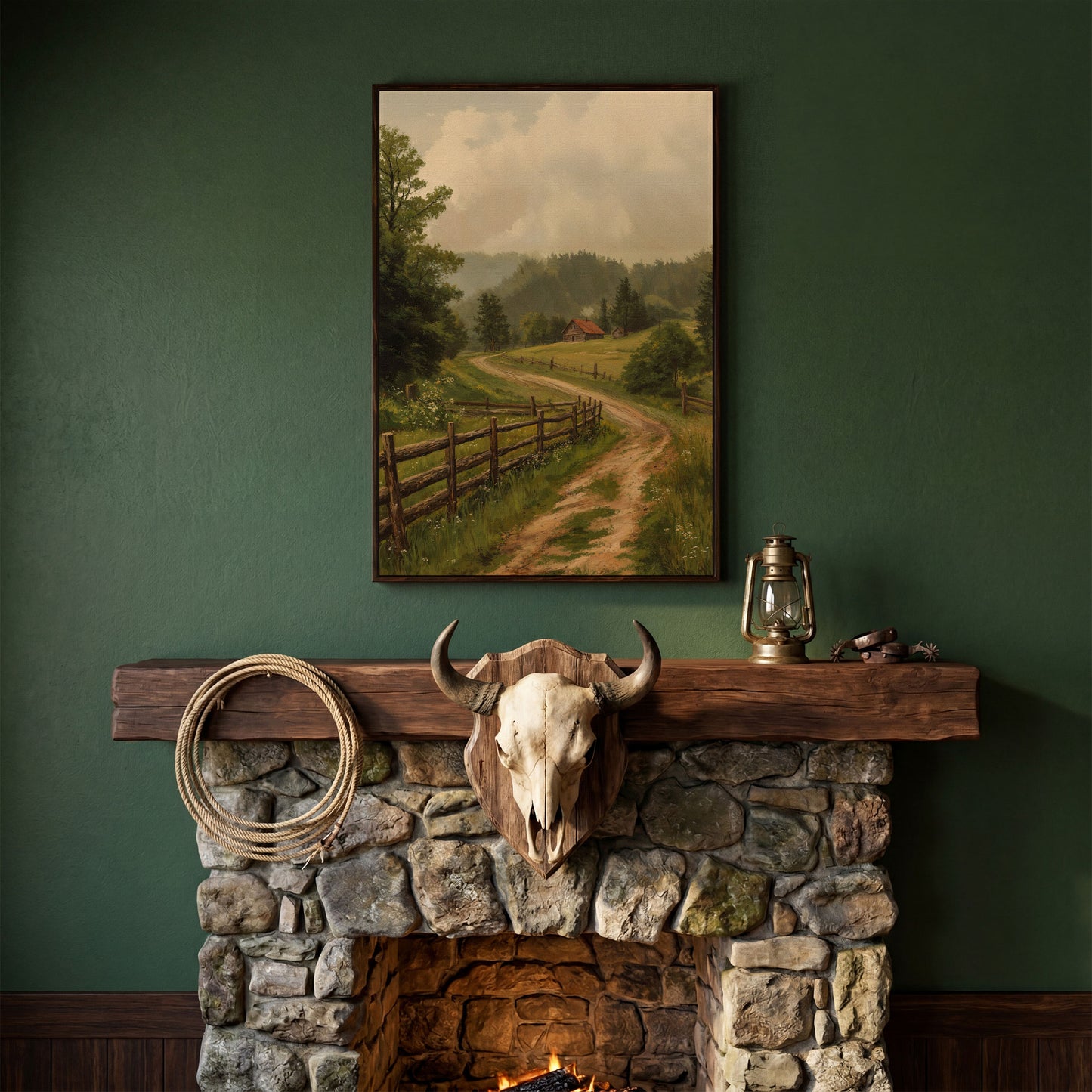 Rustic Country Path Canvas Print in dark walnut floating frame