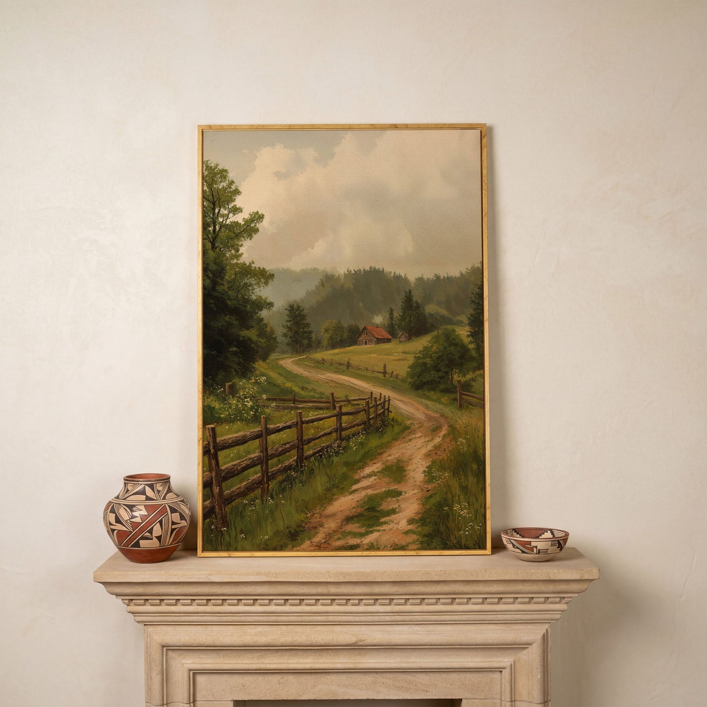 Rustic Country Path Canvas Print in white oak floating frame