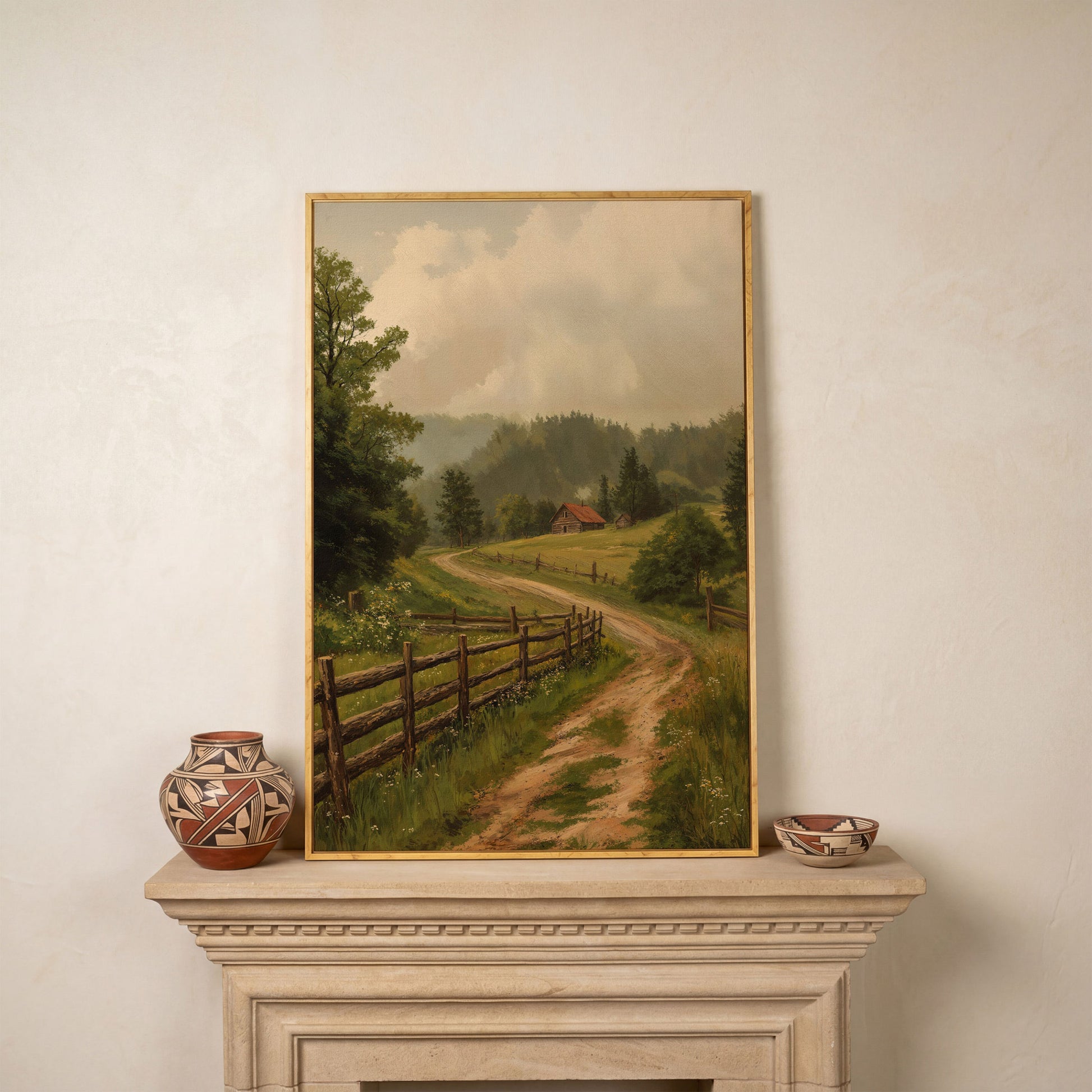Rustic Country Path Canvas Print in white oak floating frame