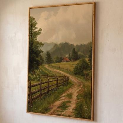 Rustic Country Path Canvas Print shown in white oak floating frame