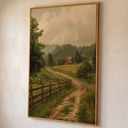 Rustic Country Path Canvas Print shown in white oak floating frame
