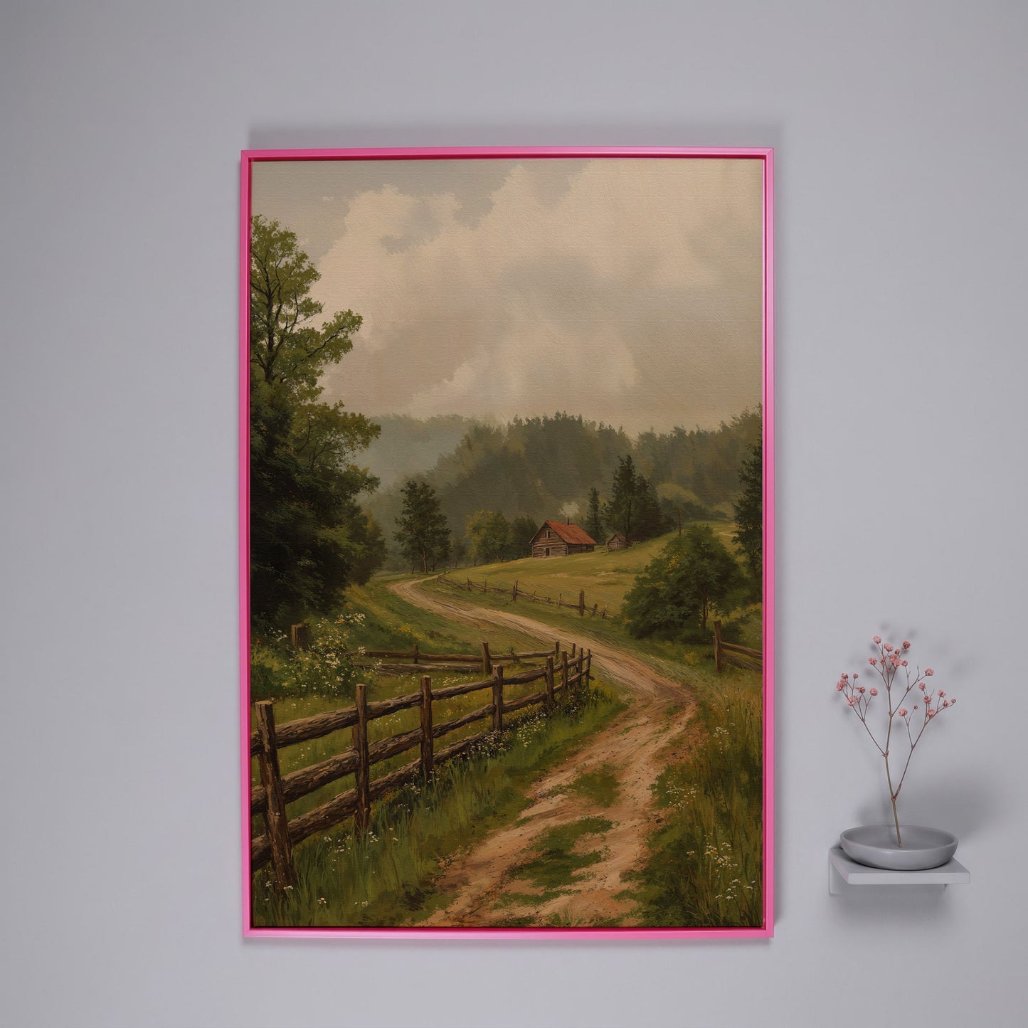 Rustic Country Path Canvas Print in pink floating frame