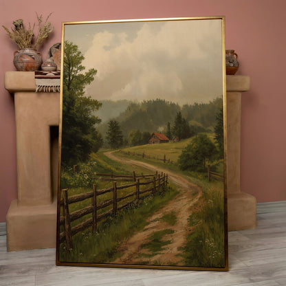 Rustic Country Path Canvas Print in rose gold floating frame