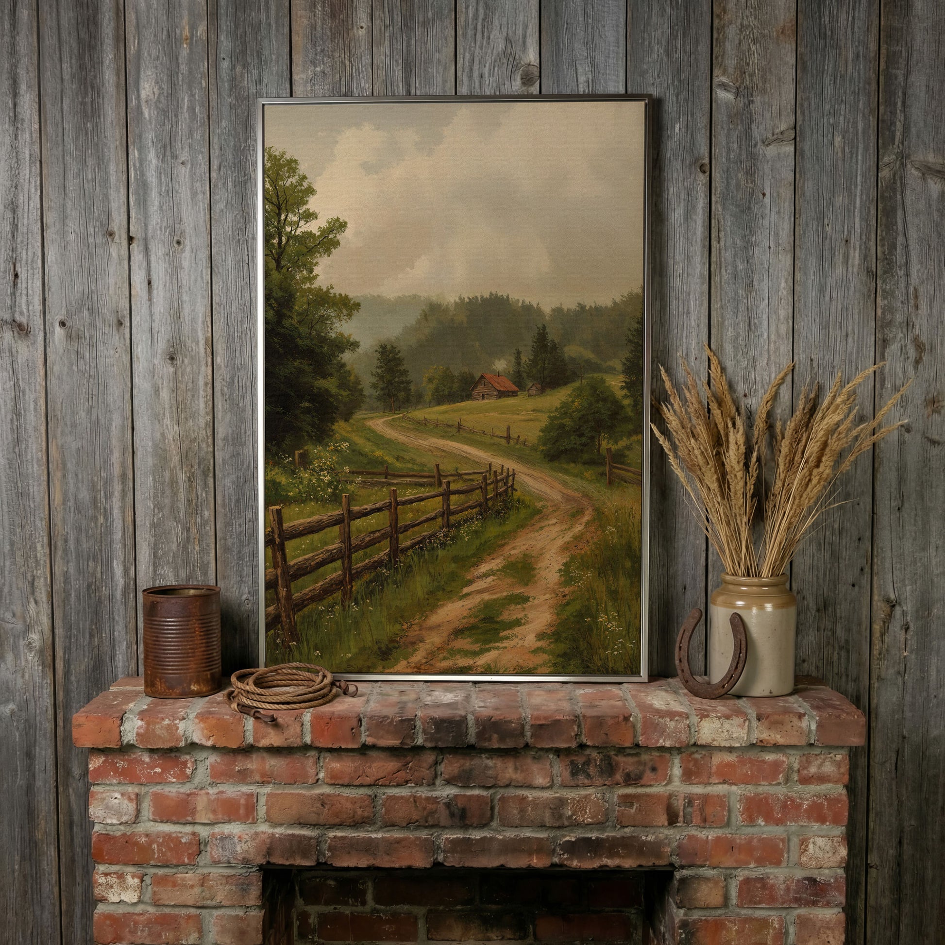 Rustic Country Path Canvas Print in silver floating frame
