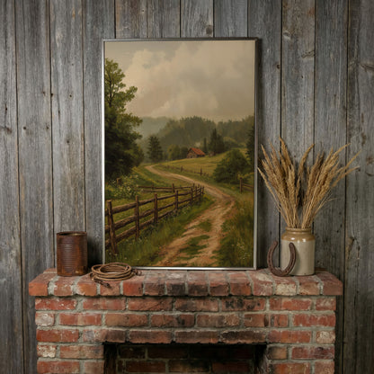 Rustic Country Path Canvas Print in silver floating frame