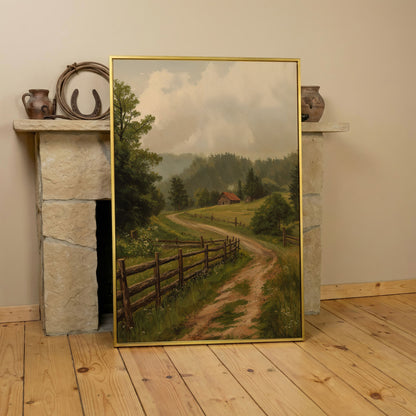 Rustic Country Path Canvas Print in yellow gold floating frame